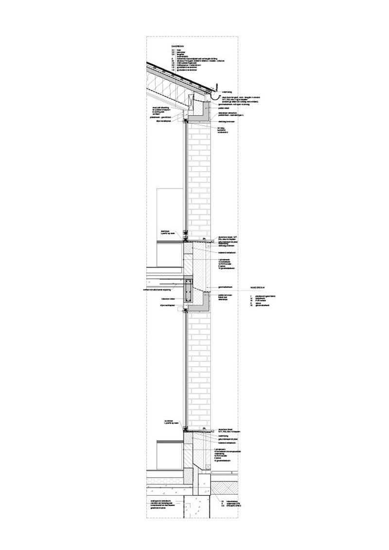 Wall section detail showing brick cavity wall assembly with insulation, windows, and foundation connection