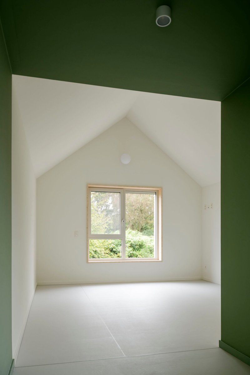 Interior room with vaulted white ceiling and green accent wall under natural daylight