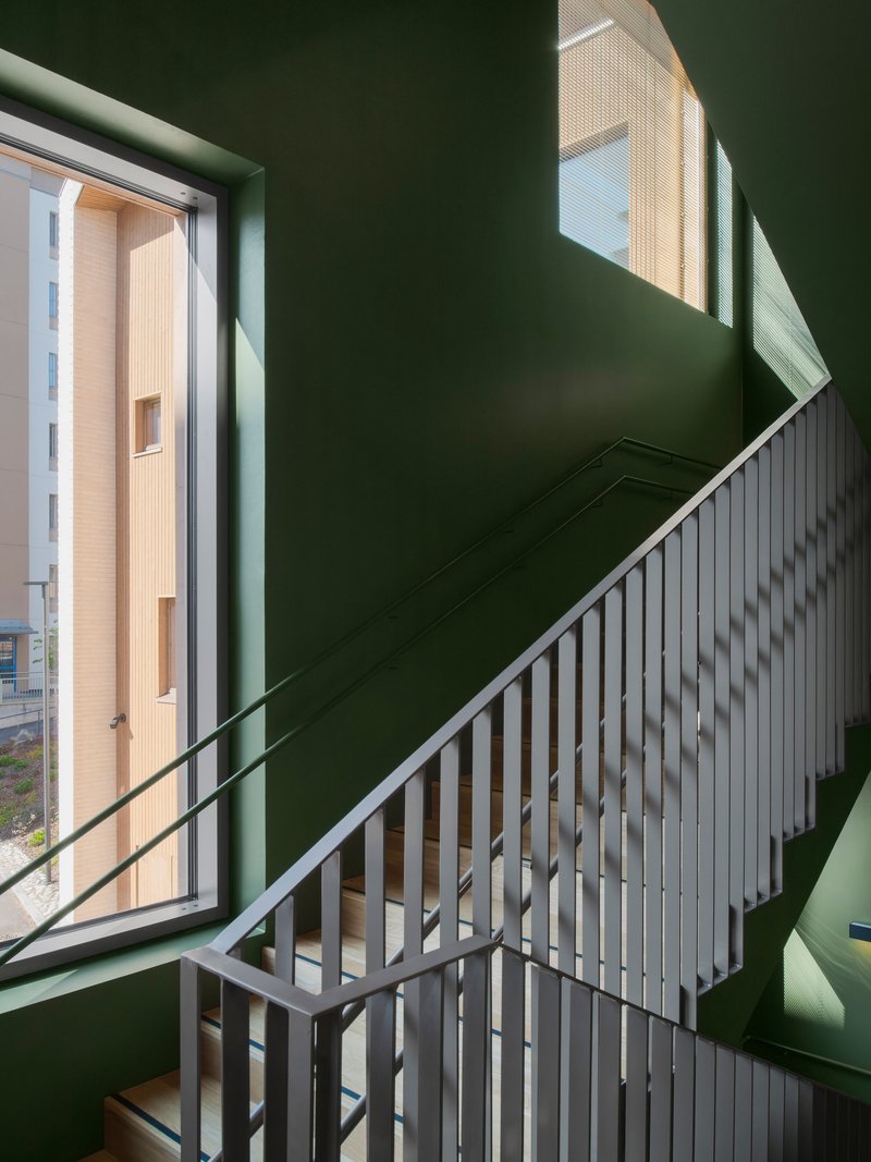 Stairwell with dark green walls and grey vertical slat balustrade illuminated by morning sunlight