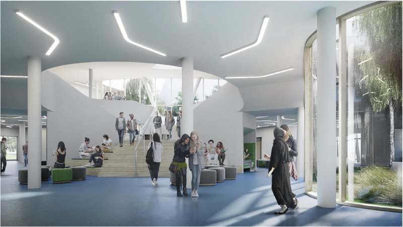 Open communal spaces encourage collaboration, interaction, and adaptable learning experiences for students.