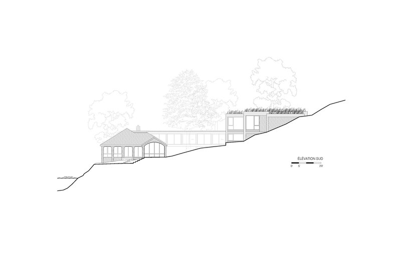 South elevation drawing showing the existing house and glazed garage addition stepping down a hillside with trees