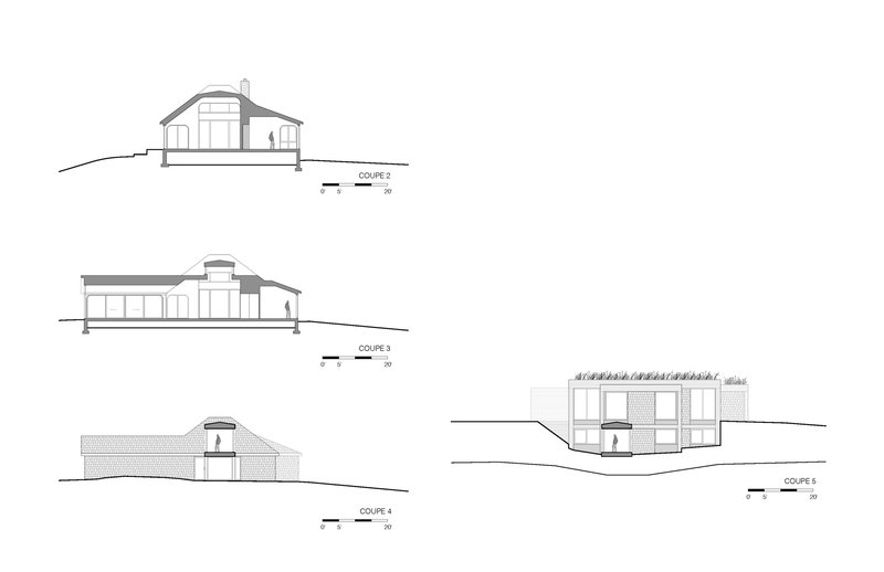 Section drawings illustrating the arched roof volumes and spatial connections across multiple levels