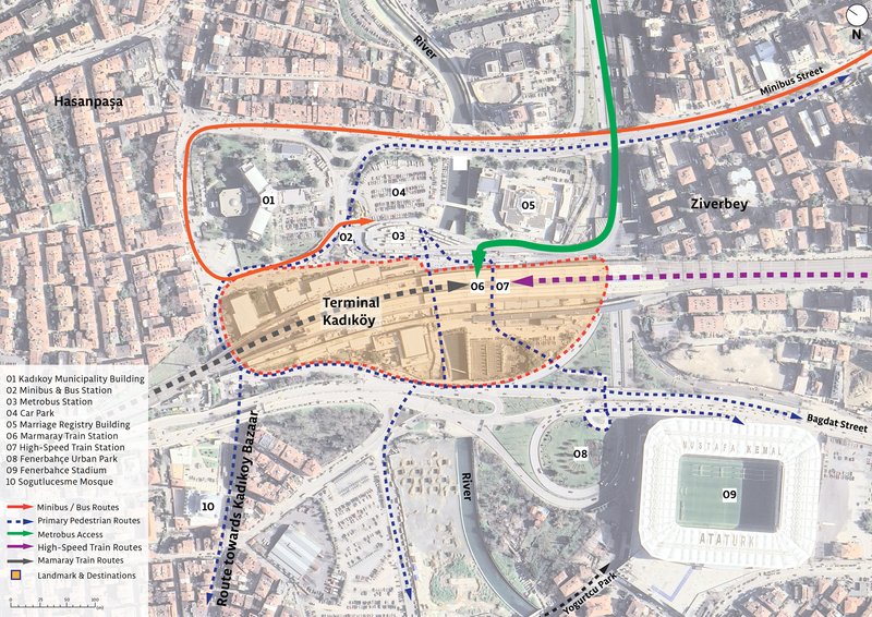 Site plan drawing showing colored pedestrian routes connecting transit terminal and neighboring districts with urban landmarks