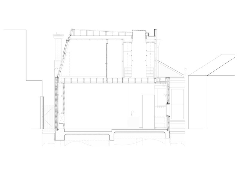 Building section drawing showing timber frame construction, roof structure, and ceiling joists with existing building to left