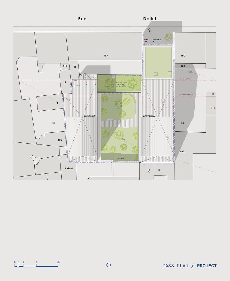 Site plan drawing showing two residential blocks flanking a central courtyard with planted green spaces