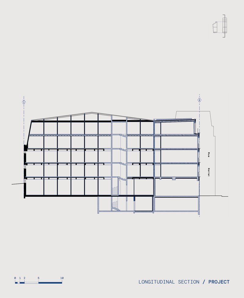 Longitudinal section drawing showing proposed multi-story building with stair core and residential floors