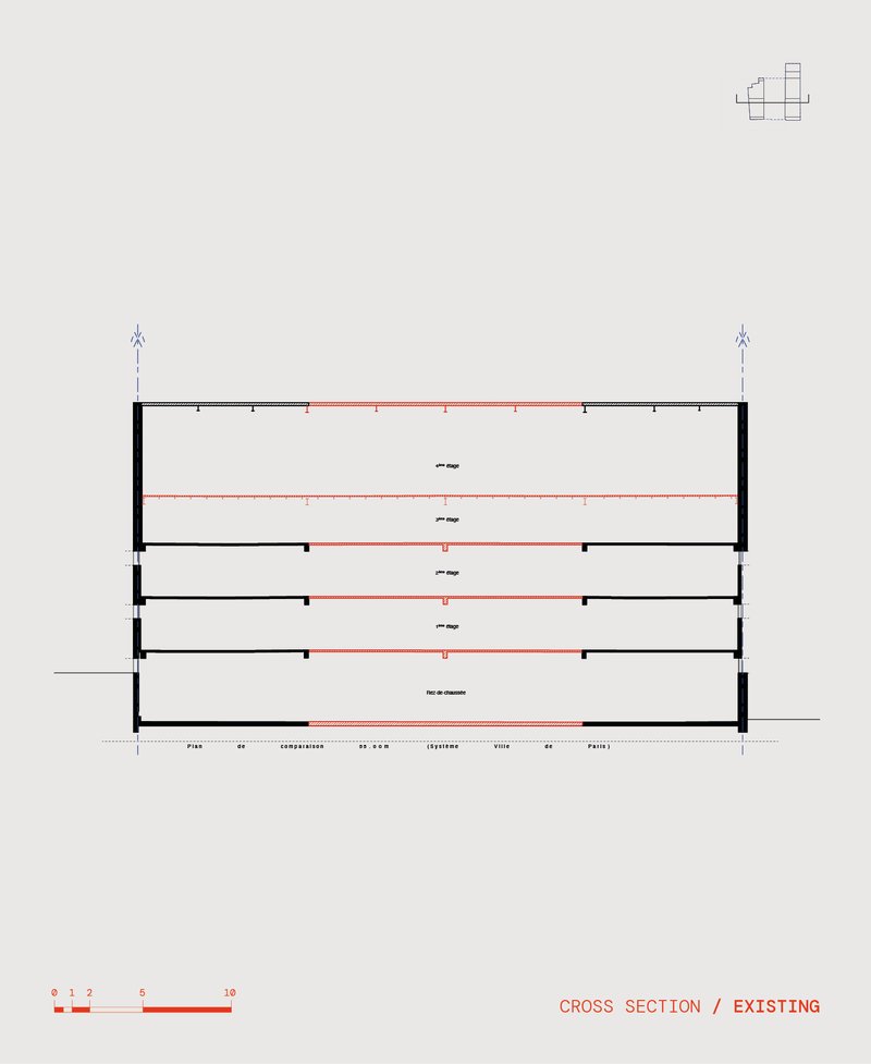 Cross section drawing through existing structure revealing five horizontal floor plates