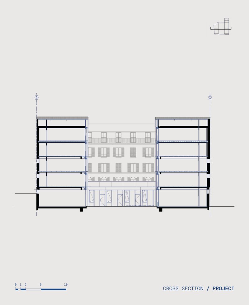 Cross section drawing through flanking wings and central courtyard showing five-story floor plates