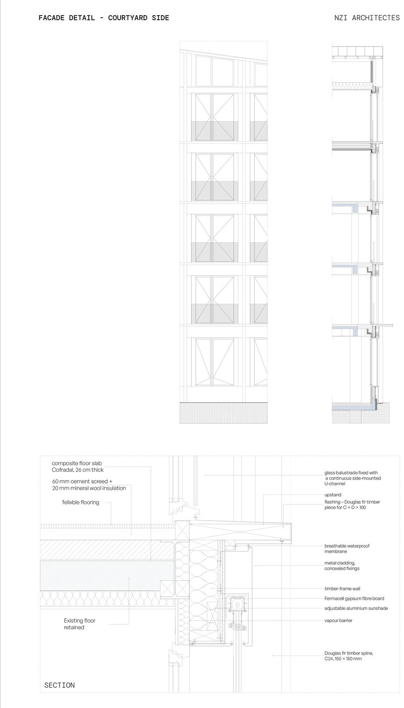 Facade detail section showing window assembly, cladding layers, and floor structure at courtyard side