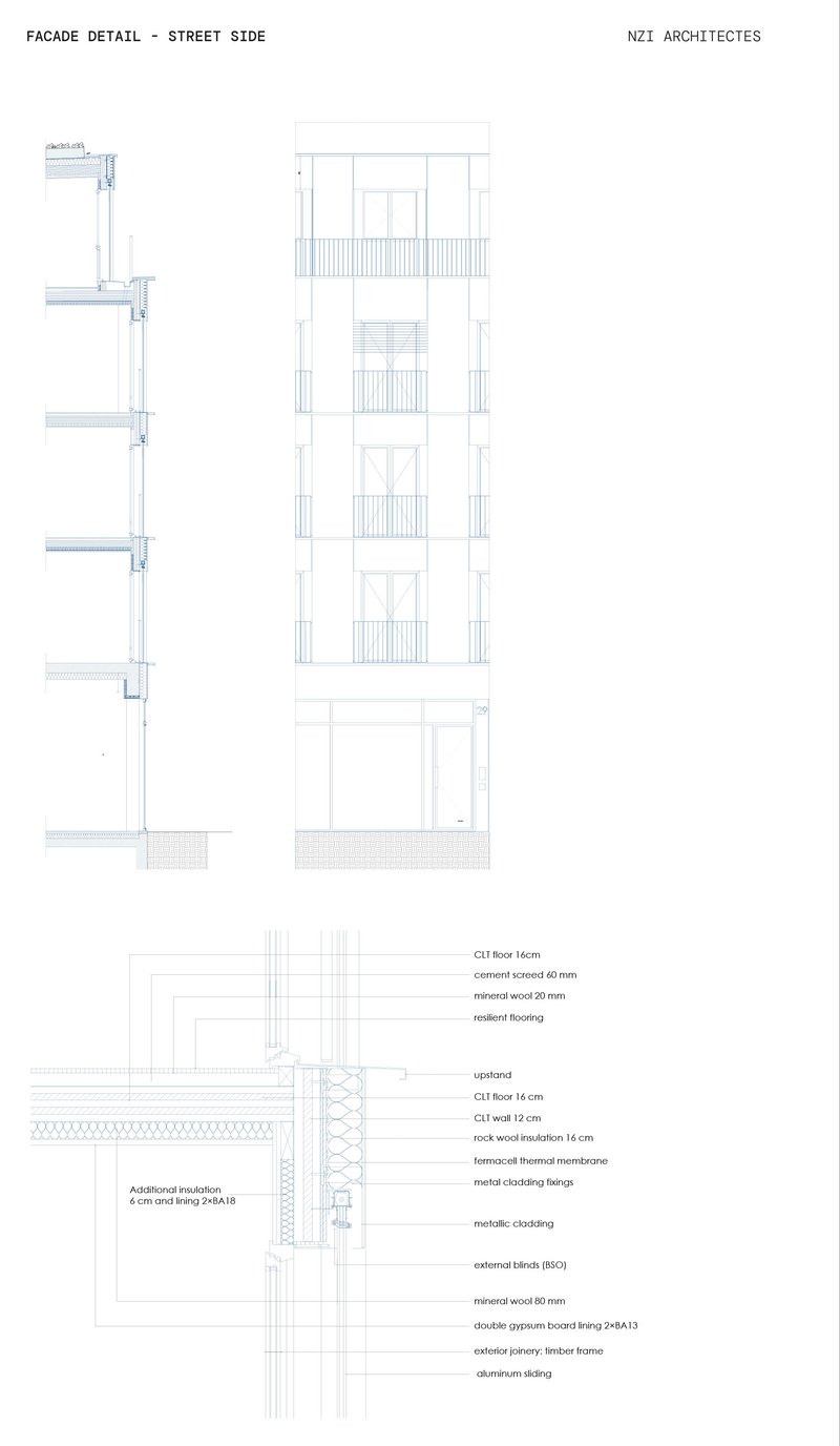 Facade detail section showing street-facing elevation with balconies and material transitions at ground level