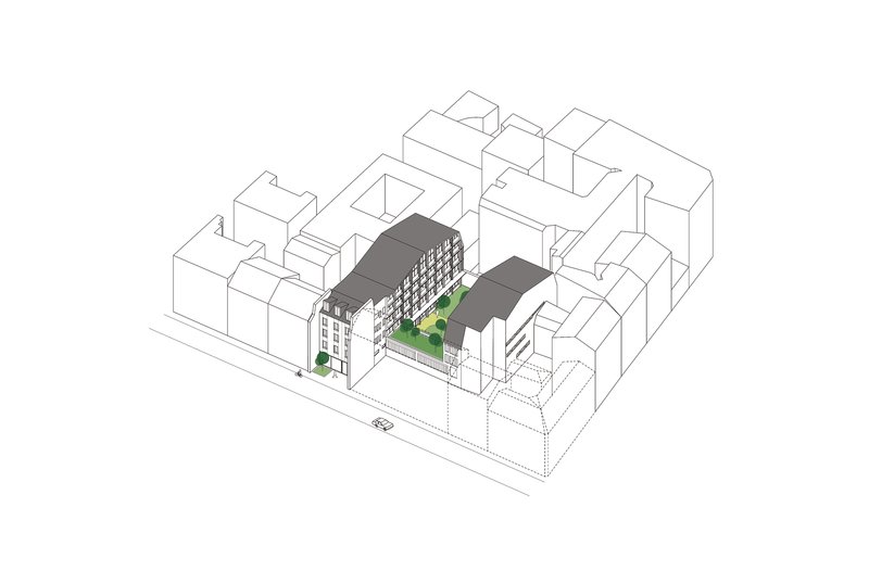 Axonometric drawing showing new block within surrounding urban fabric with green courtyard between wings