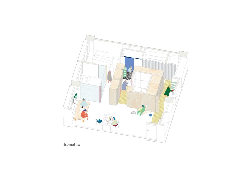 Isometric drawing showing a multi-room interior layout with furniture and scattered figures throughout the spaces