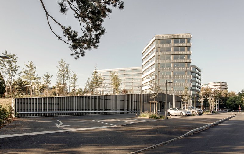 Low-rise ribbed volume with parking area and young trees under an overcast sky