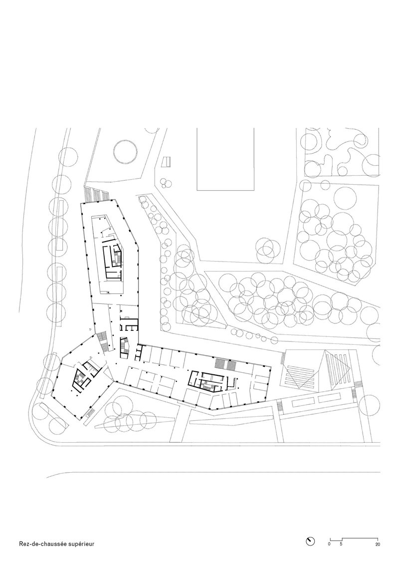 Upper floor plan drawing showing three wings radiating from a central circulation core with rooftop gardens