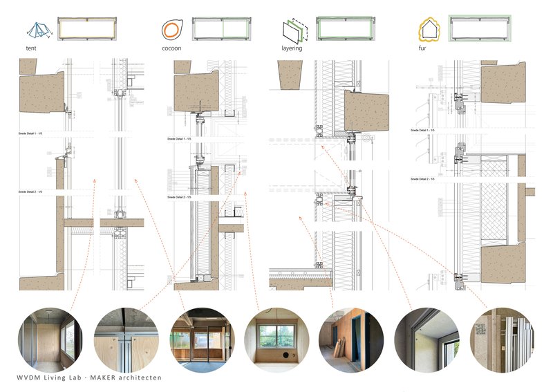 Detail drawing sheet showing four window configurations with section cuts and corresponding interior photographs