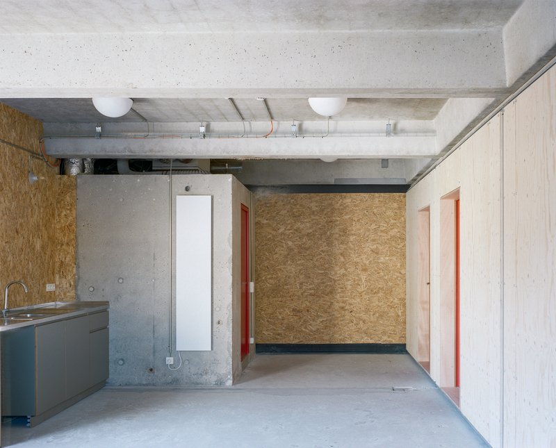 Open-plan interior with exposed concrete ceiling, OSB wall panels and light grey kitchen cabinetry
