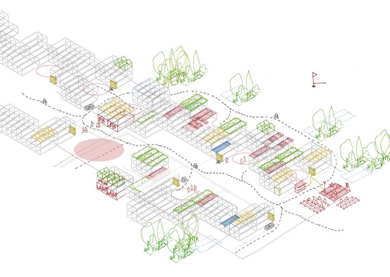 Axonometric drawing showing a campus layout with scattered buildings, pathways, and tree clusters