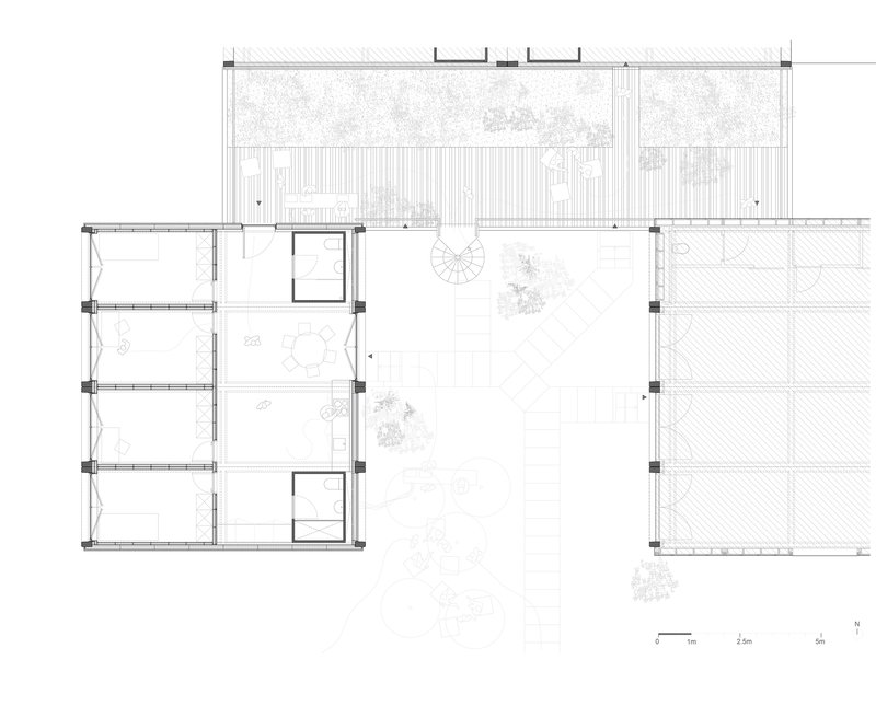 Floor plan drawing showing upper level with fewer rooms and enclosed terrace along the northern edge