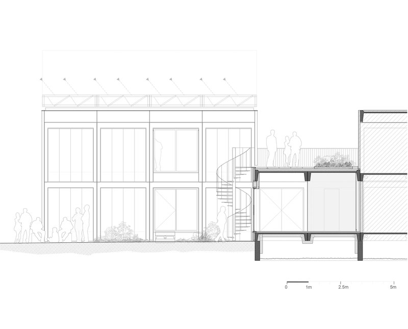 Section drawing showing glazed street facade with spiral stair connecting to lower underground levels
