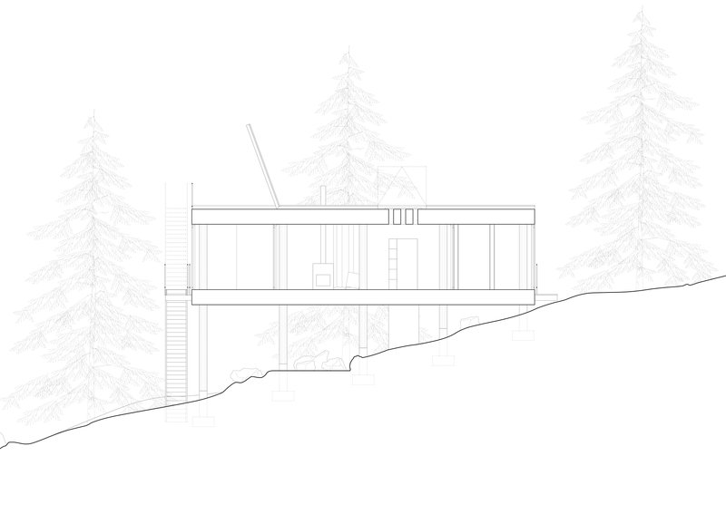 Section drawing of a two-level structure on sloping terrain among evergreen trees