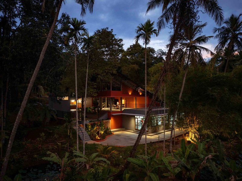 Illuminated residence nestled among palm trees and dense tropical vegetation at dusk