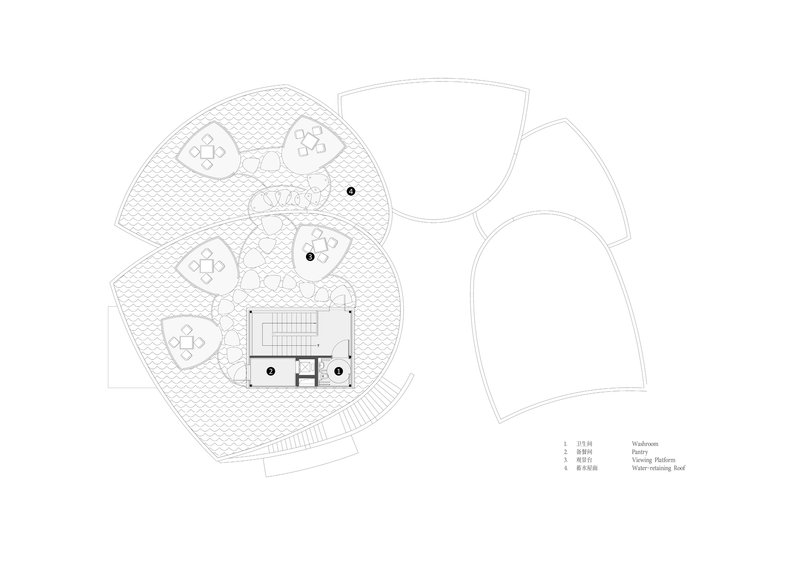Roof plan drawing showing petal-shaped terrace arrangements surrounding central service core