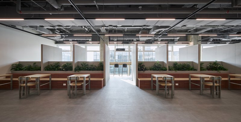 Symmetrical reading room with timber benches, planted beds, and exposed ceiling ducts under linear lighting