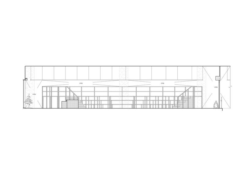 Elevation drawing depicting horizontal facade with grid of glazing and structural bracing elements