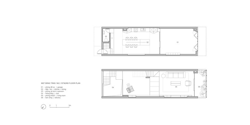 Floor plan drawings showing ground and first level layouts of a narrow linear dwelling