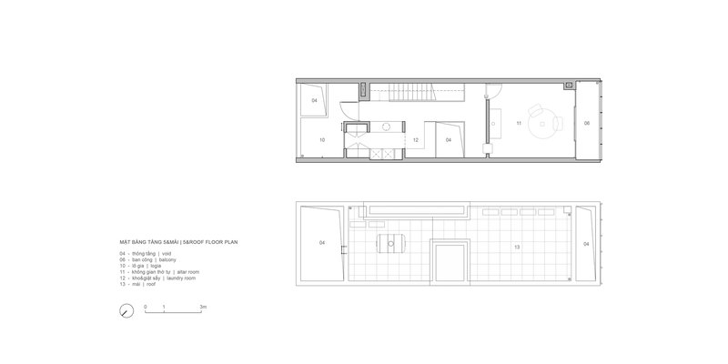 Floor plan drawings illustrating fourth and rooftop level configurations with central circulation core