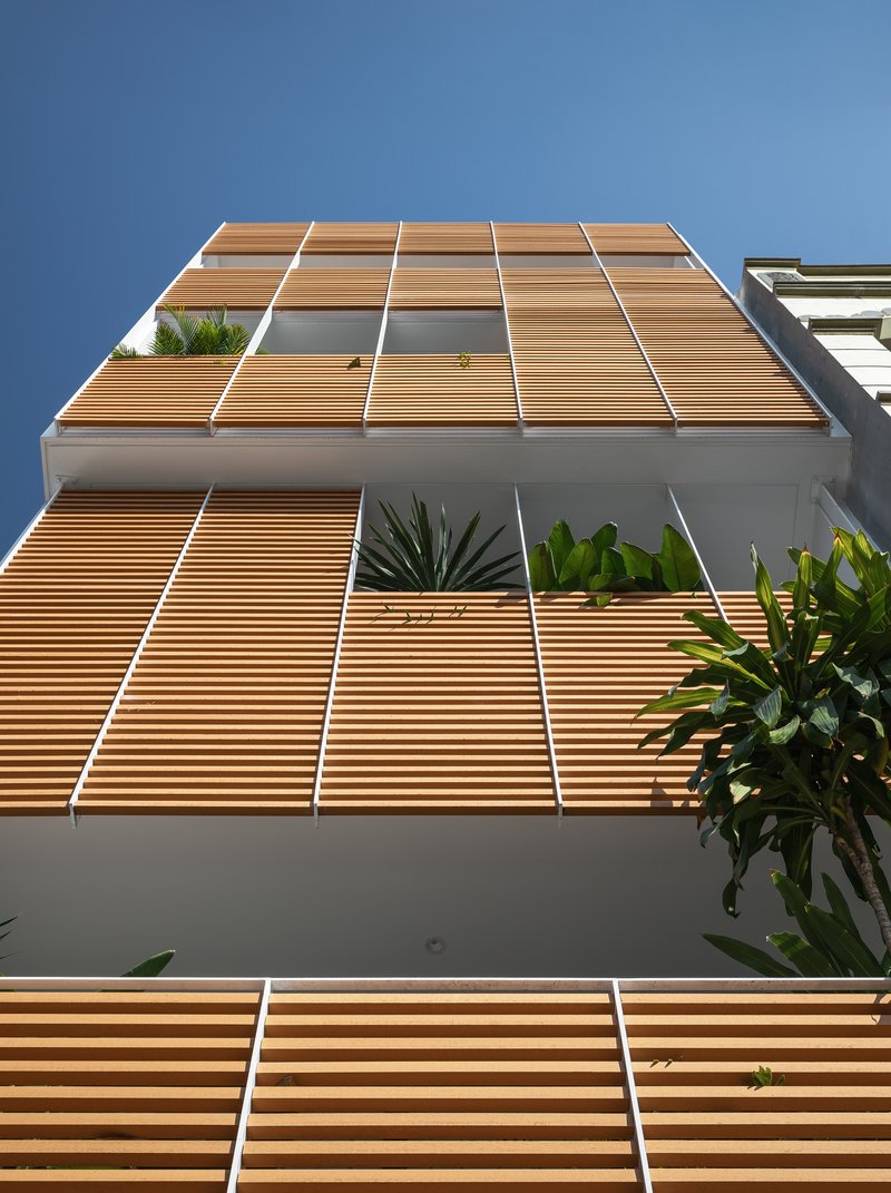 Upward view of the timber louvered facade grid with recessed planters and white framing against a blue sky