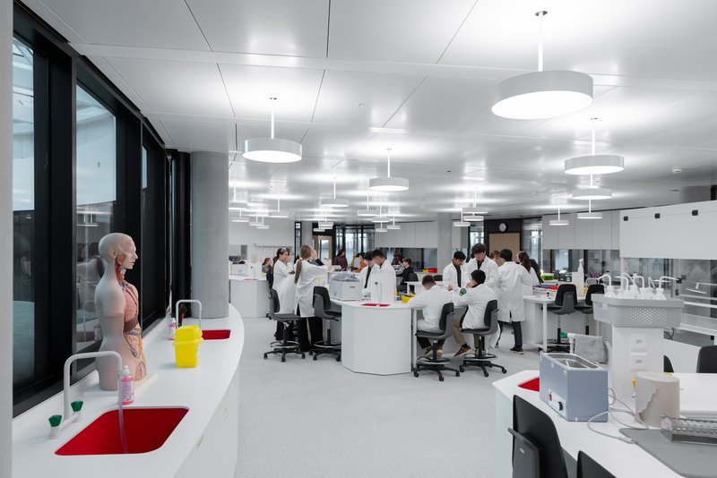 Open laboratory space with white workstations and circular pendant lights suspended from ceiling
