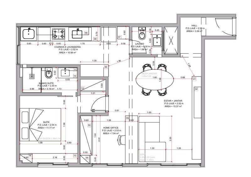 Floor plan drawing showing apartment layout with suite, kitchen, dining area and bathrooms