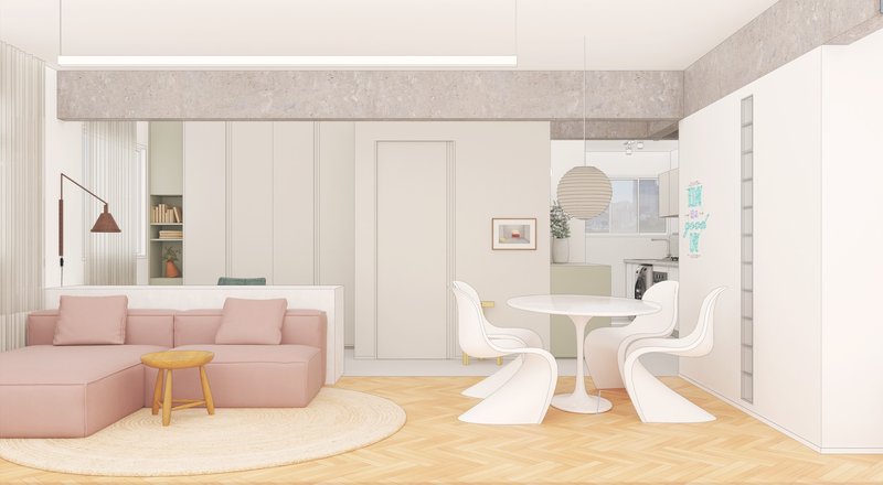 This architectural image showcases a modern and minimalist interior design with an open floor plan. The space features a pink sofa, a round dining table with wh