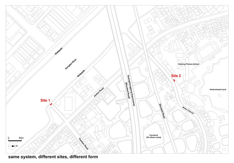 Site plan drawing showing two locations marked in red within an urban street network