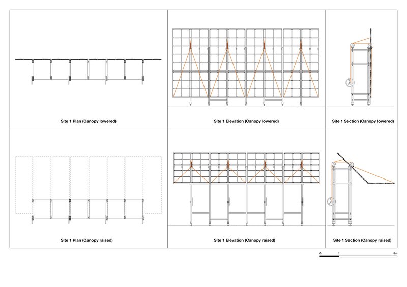 Plan, elevation and section drawings of the canopy system in lowered and raised positions