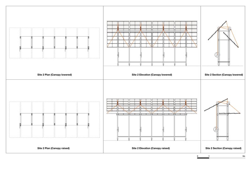 Plan, elevation and section drawings showing the canopy structure in raised and lowered positions