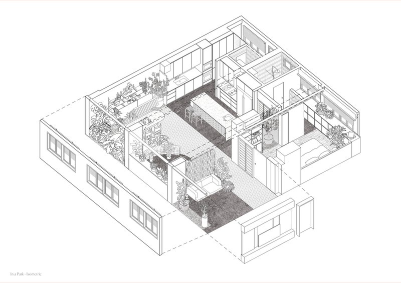 Isometric drawing showing a dwelling with central courtyard, planted terraces and interior rooms