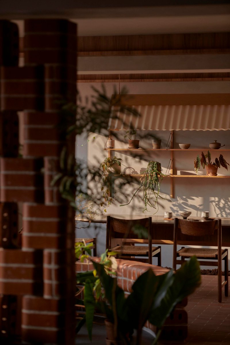 Interior dining area with timber shelving and potted plants casting dappled shadows through corrugated screening