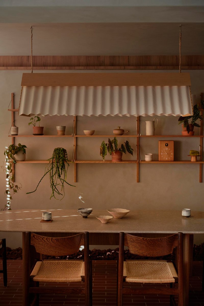 Dining area with wall-mounted timber shelves displaying potted plants beneath a suspended corrugated canopy
