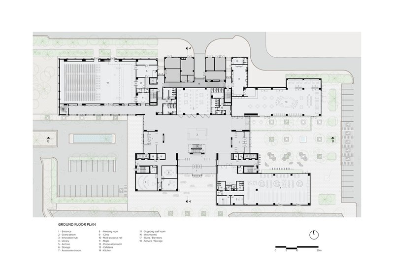 Ground floor plan drawing showing distributed program zones around central courtyards with parking and landscaping