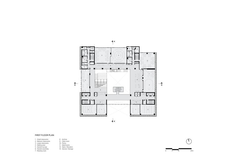 First floor plan showing a courtyard surrounded by rooms with a central stairwell