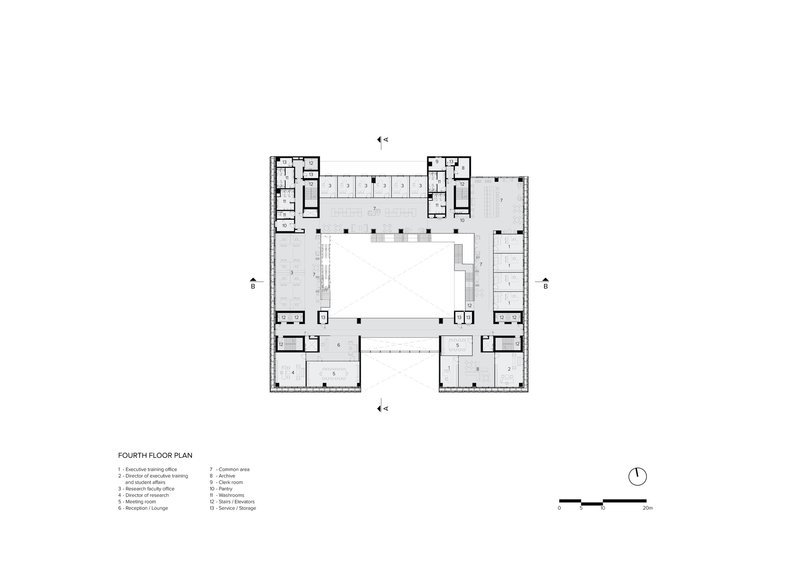 Fourth floor plan showing open areas and meeting spaces around a central courtyard
