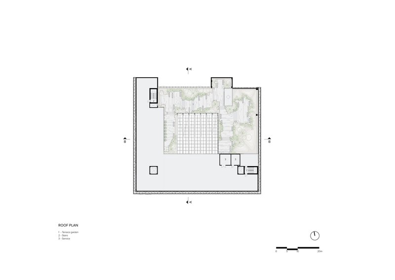 Roof plan showing a grid structure and terrace areas with planted zones