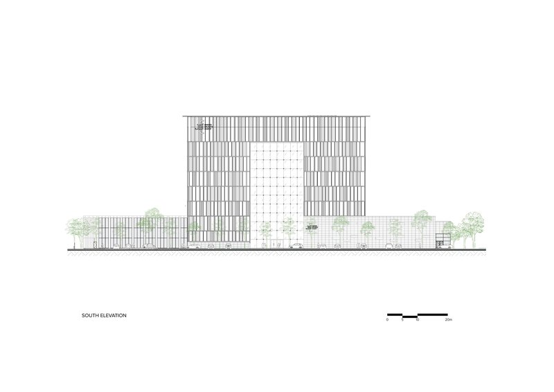 South elevation drawing showing vertical facade elements and ground-level landscaping with trees