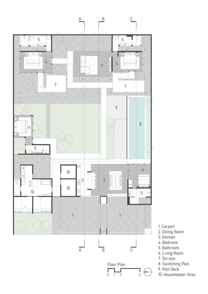Floor plan drawing showing residential volumes arranged around a central courtyard with swimming pool and deck
