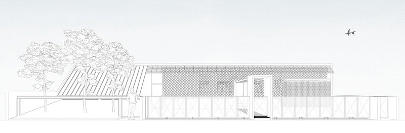 Elevation drawing depicting the horizontal volume with perforated screens and vertical slat facade behind site fencing