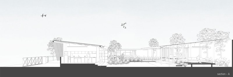Section drawing showing interior spaces opening onto landscaped courtyards with trees and swimming pool