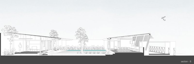 Section drawing revealing the relationship between living volumes, pool, planted areas, and sloped roof forms