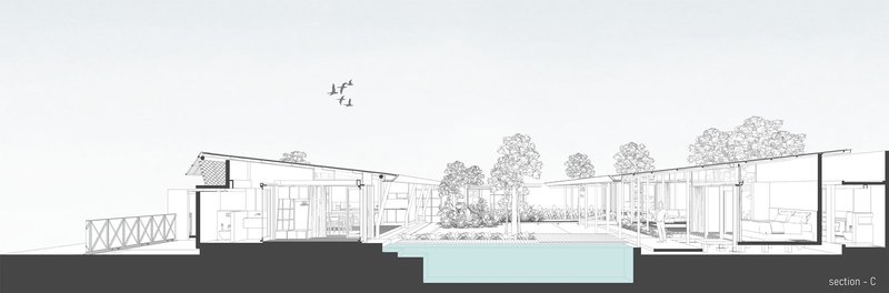 Section drawing cutting through the pool and courtyard with adjacent interior spaces and roof structures